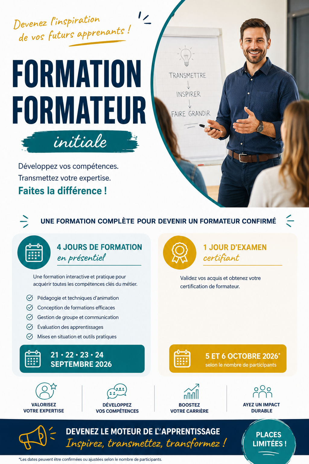 Formateur souriant devant un tableau blanc avec les mots Transmettre, Inspirer, Faire grandir – Formation de formateur initiale CG Conseil